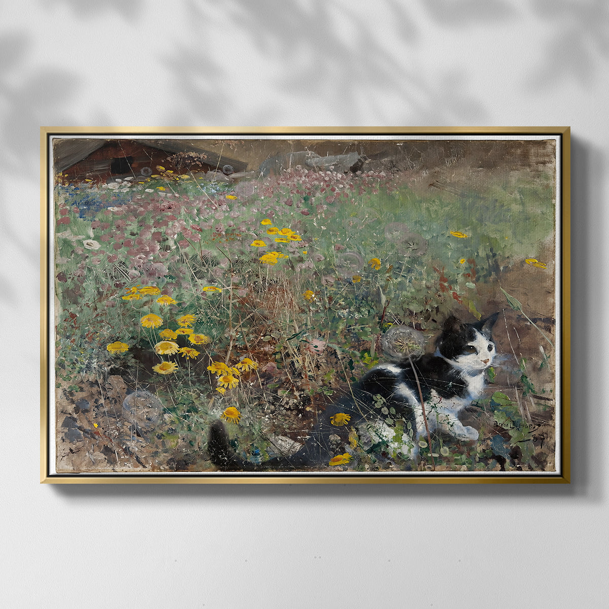 Front view of Cat on a Flowery Meadow, 1887 by Bruno Liljefors in a gold floater framed canvas.