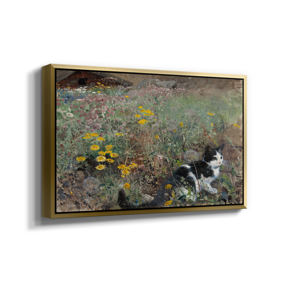 Angled view of Cat on a Flowery Meadow, 1887 by Bruno Liljefors in a gold floater framed canvas.