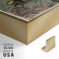 Close-up of the gold floater frame corner and gallery wrapped canvas construction.