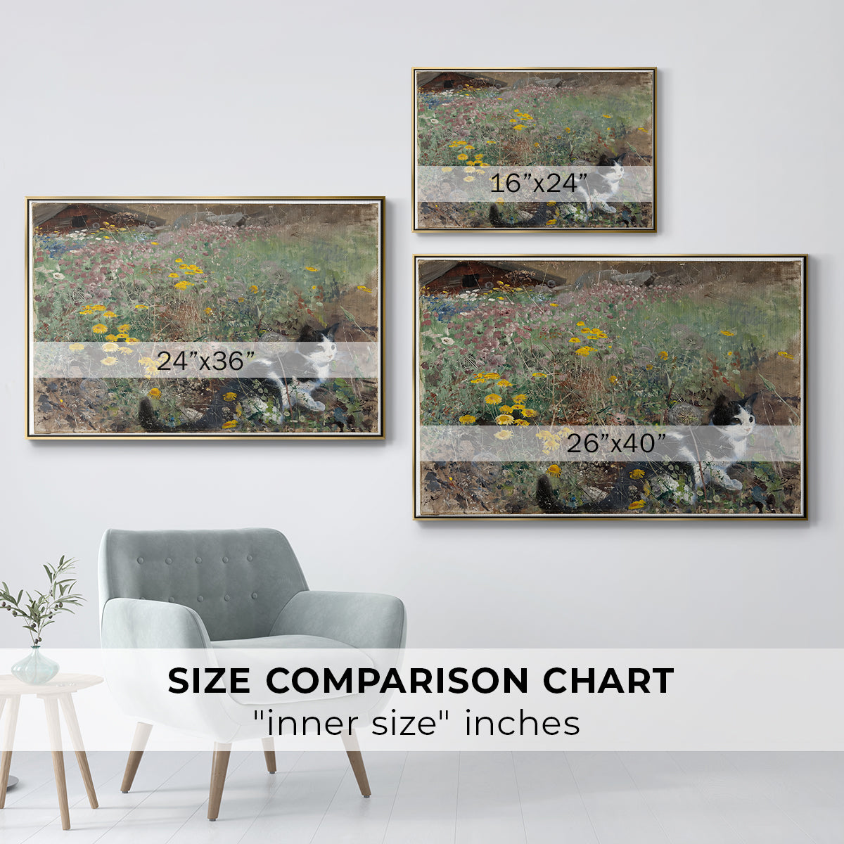 Size comparison chart for gold floater framed canvas featuring Cat on a Flowery Meadow, 1887 by Bruno Liljefors.