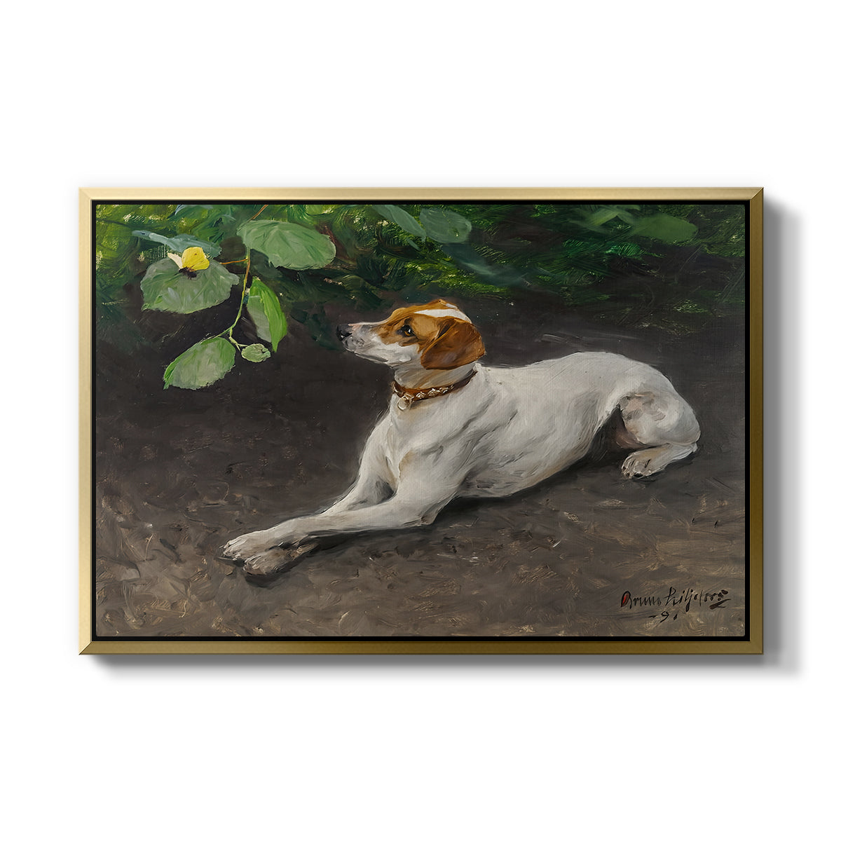 Portrait of a Dog, 1891 by Bruno Liljefors in a gold floater framed canvas wall art display.