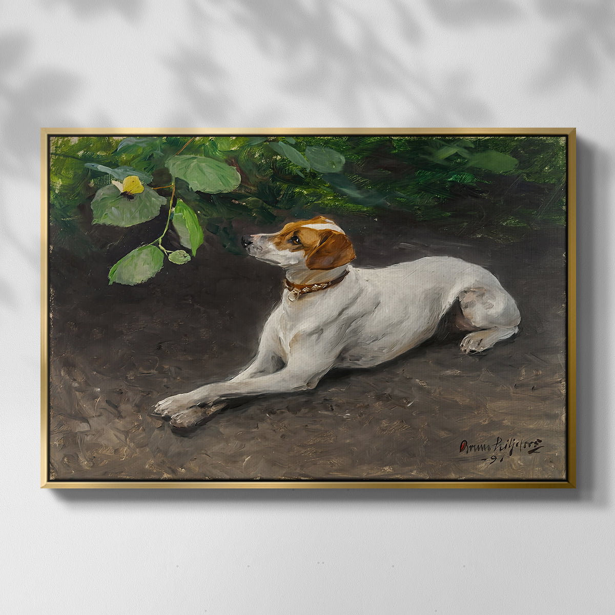 Front view of Portrait of a Dog, 1891 by Bruno Liljefors in a gold floater framed canvas.
