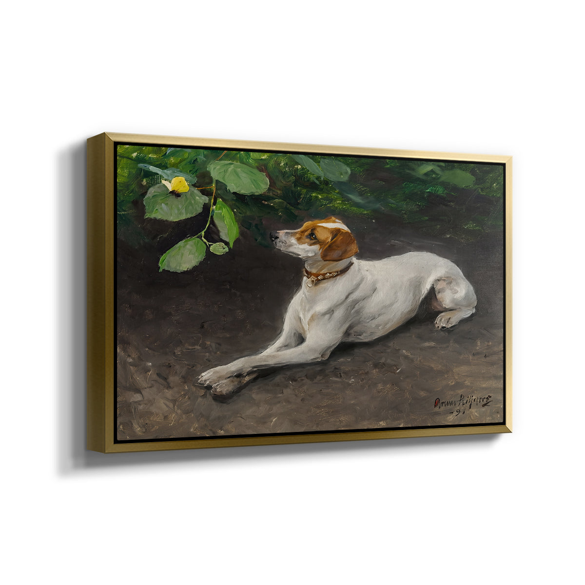 Angled view of Portrait of a Dog, 1891 by Bruno Liljefors in a gold floater framed canvas.
