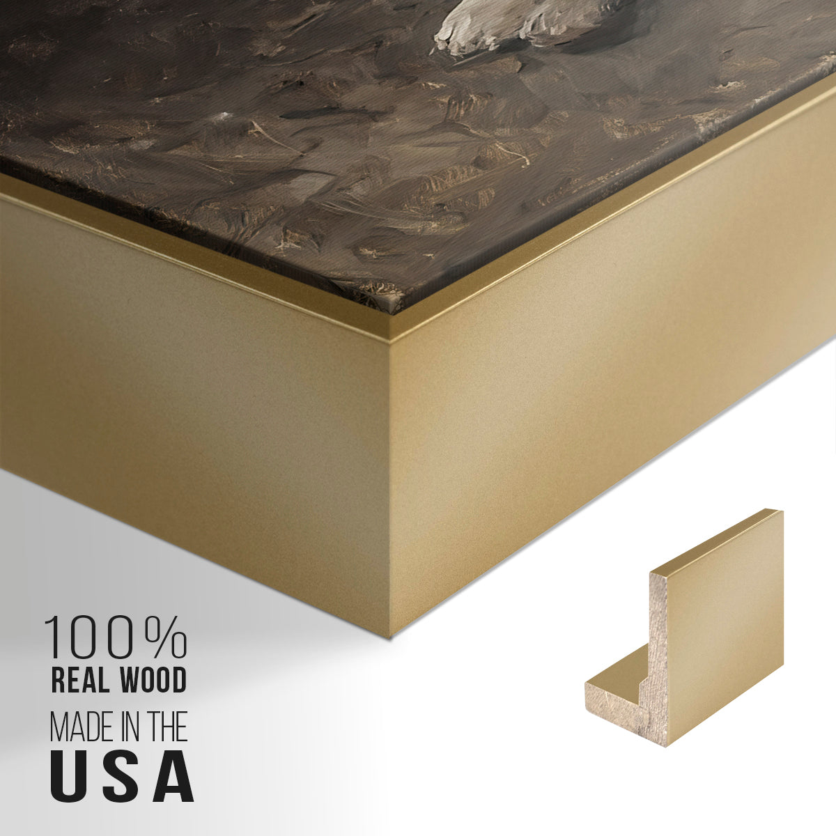 Close-up of the gold floater frame corner and gallery wrapped canvas construction.