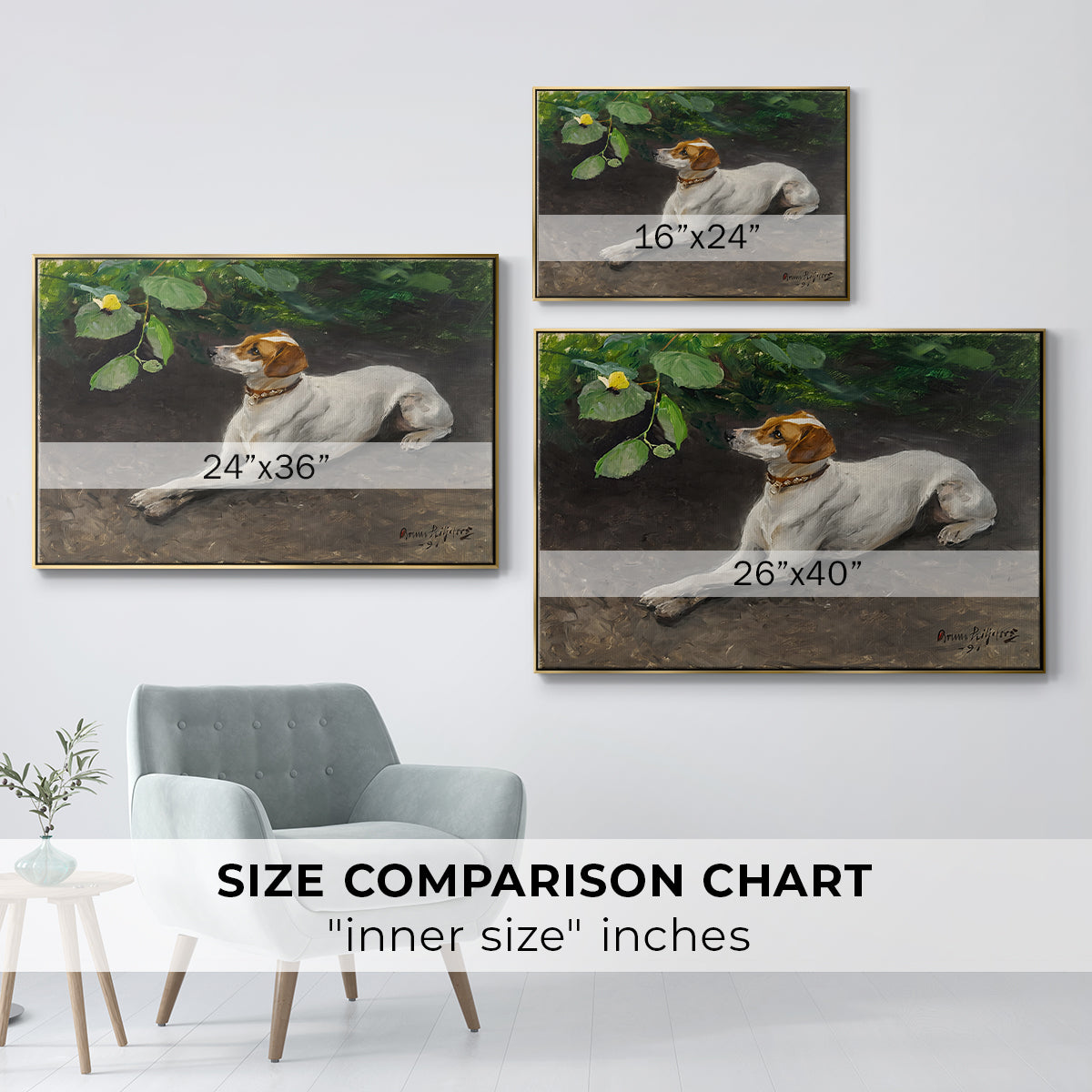 Size comparison chart for gold floater framed canvas featuring Portrait of a Dog, 1891 by Bruno Liljefors.
