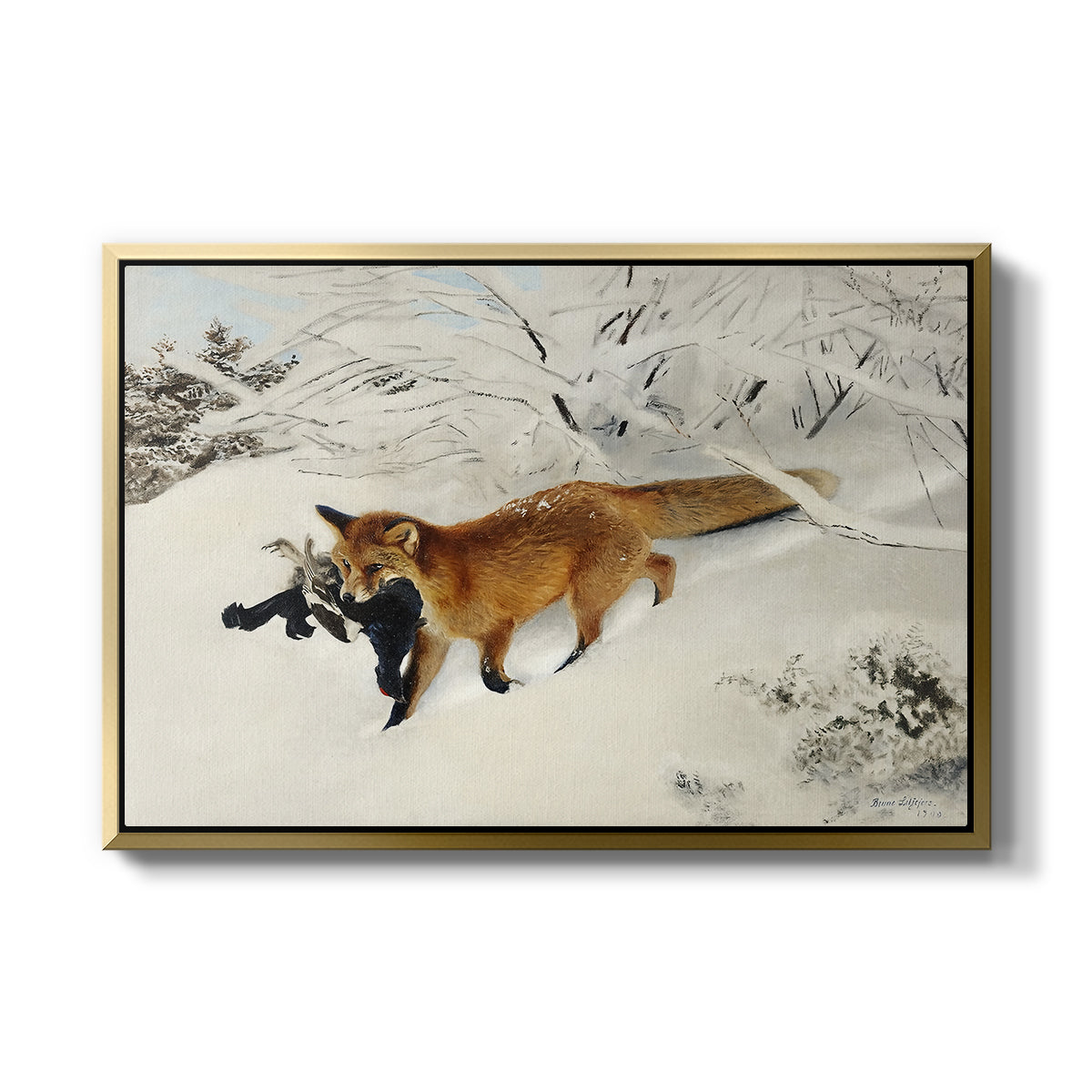 Fox in Snow Landscape, 1900 by Bruno Liljefors in a gold floater framed canvas wall art display.