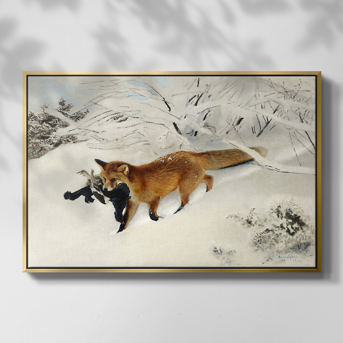 Front view of Fox in Snow Landscape, 1900 by Bruno Liljefors in a gold floater framed canvas.