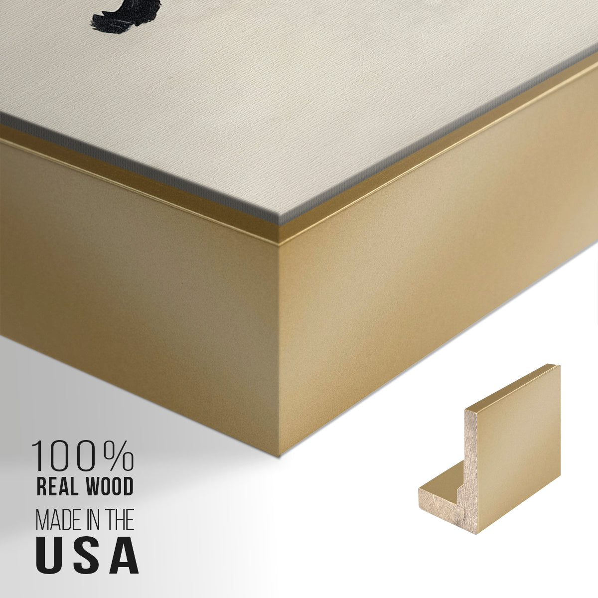 Close-up of the gold floater frame corner and gallery wrapped canvas construction.