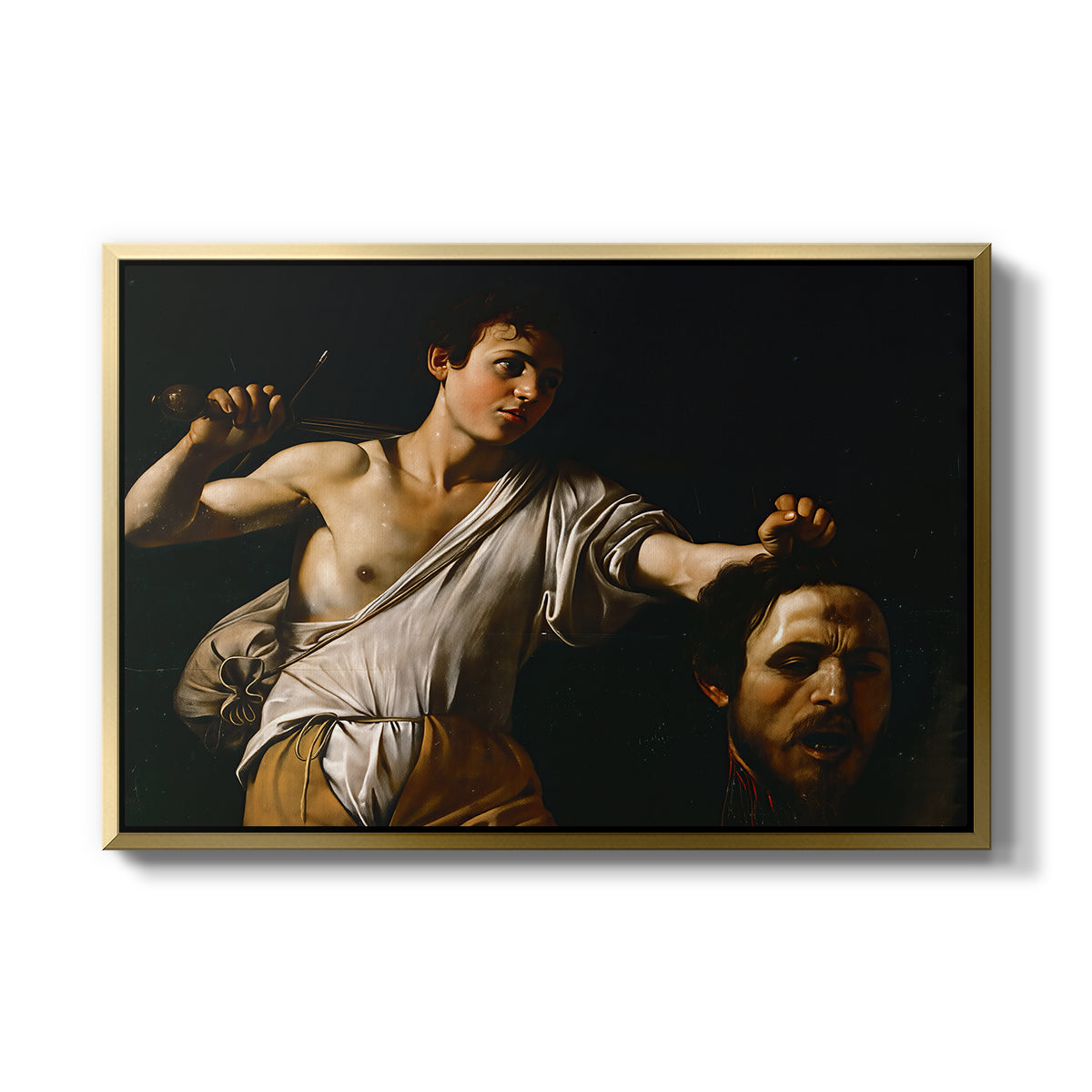 David with the Head of Goliath (Vienna Version), c. 1607 by Caravaggio in a gold floater framed canvas wall art display.