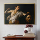 Gold floater framed canvas featuring David with the Head of Goliath (Vienna Version), c. 1607 by Caravaggio above an entryway table in a minimalist foyer.