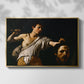 Front view of David with the Head of Goliath (Vienna Version), c. 1607 by Caravaggio in a gold floater framed canvas.