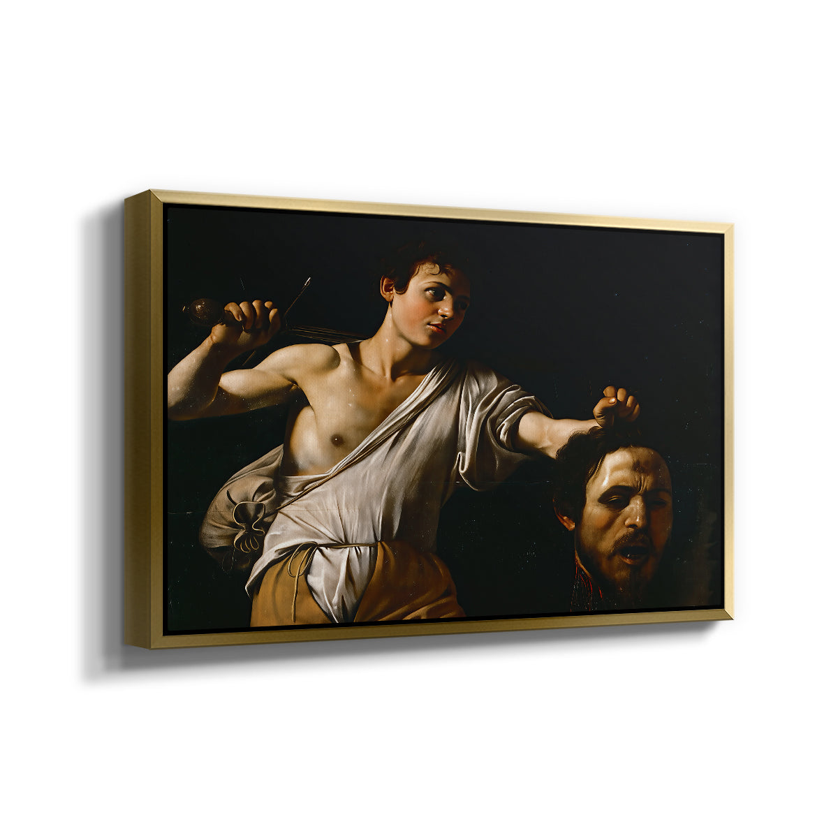 Angled view of David with the Head of Goliath (Vienna Version), c. 1607 by Caravaggio in a gold floater framed canvas.