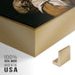 Close-up of the gold floater frame corner and gallery wrapped canvas construction.