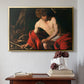 Gold floater framed canvas featuring Saint John the Baptist in the Wilderness, c. 1603-1604 by Caravaggio above an entryway table in a minimalist foyer.