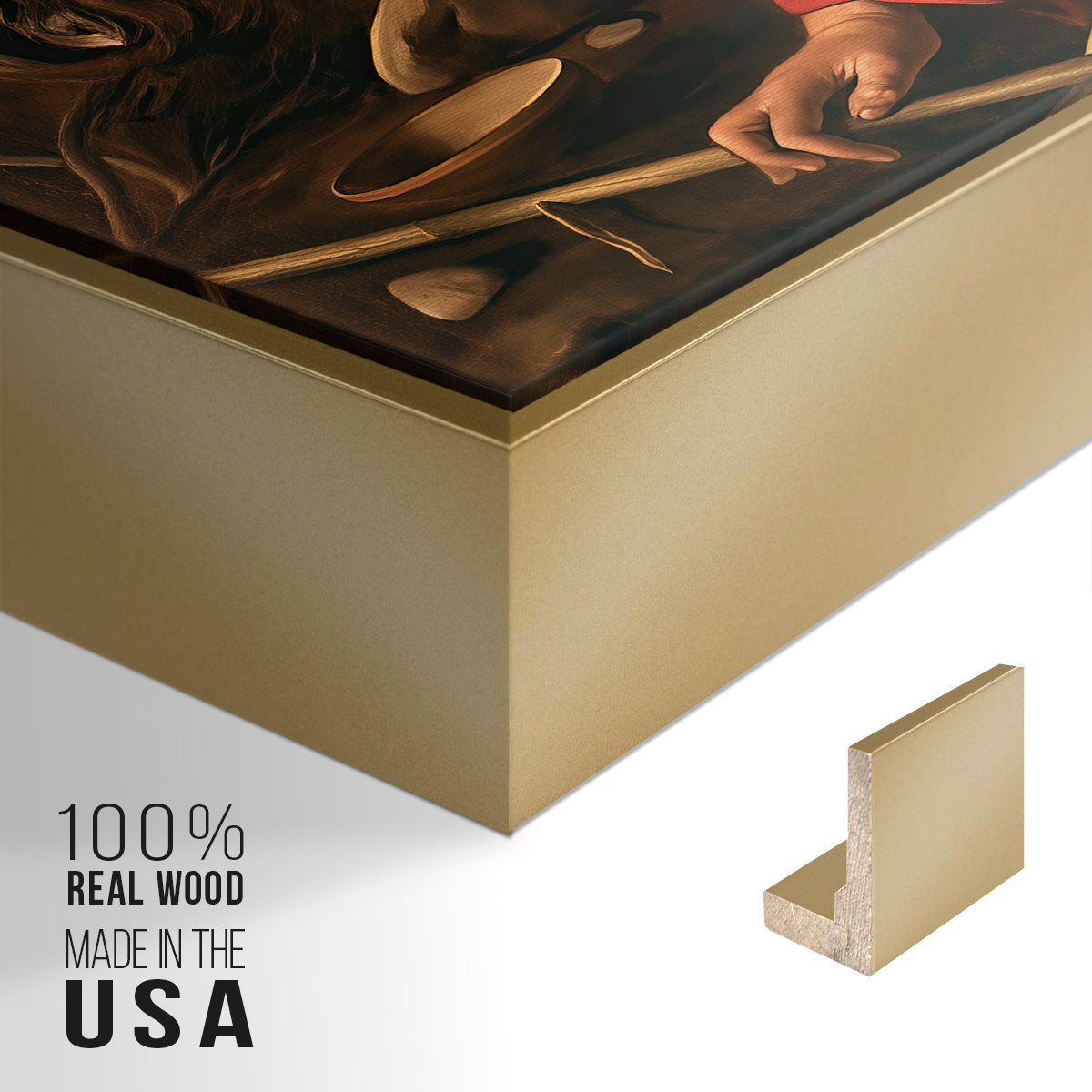 Close-up of the gold floater frame corner and gallery wrapped canvas construction.