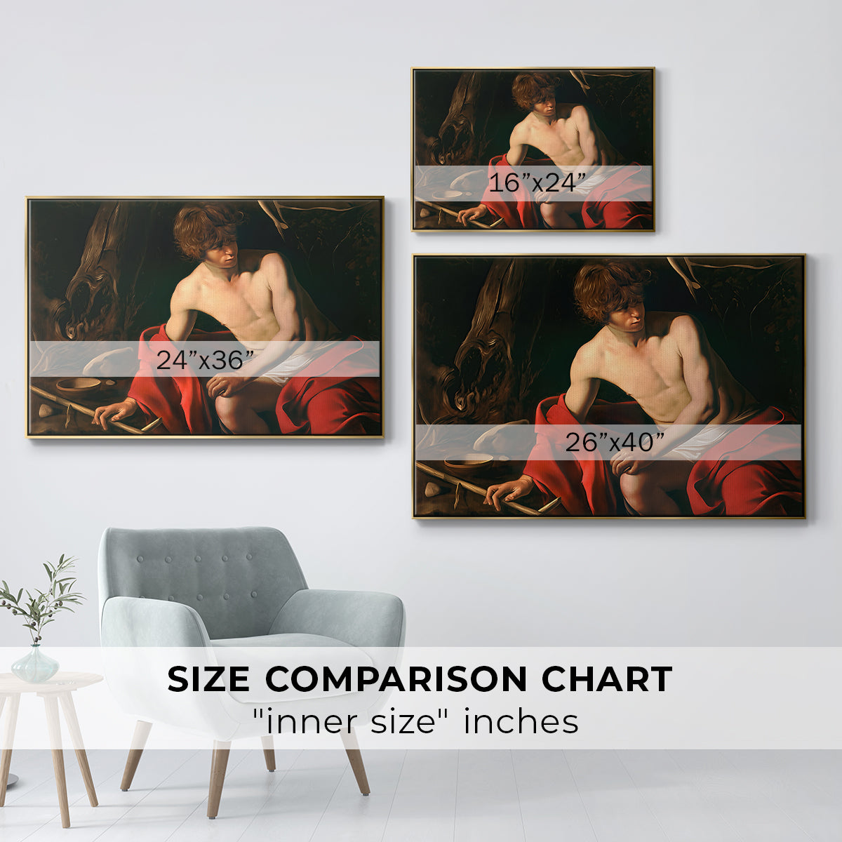 Size comparison chart for gold floater framed canvas featuring Saint John the Baptist in the Wilderness, c. 1603-1604 by Caravaggio.