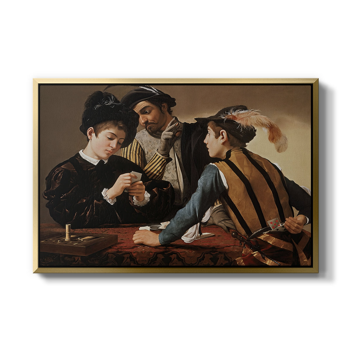 The Cardsharps, c. 1594 by Caravaggio in a gold floater framed canvas wall art display.