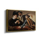 Angled view of The Cardsharps, c. 1594 by Caravaggio in a gold floater framed canvas.