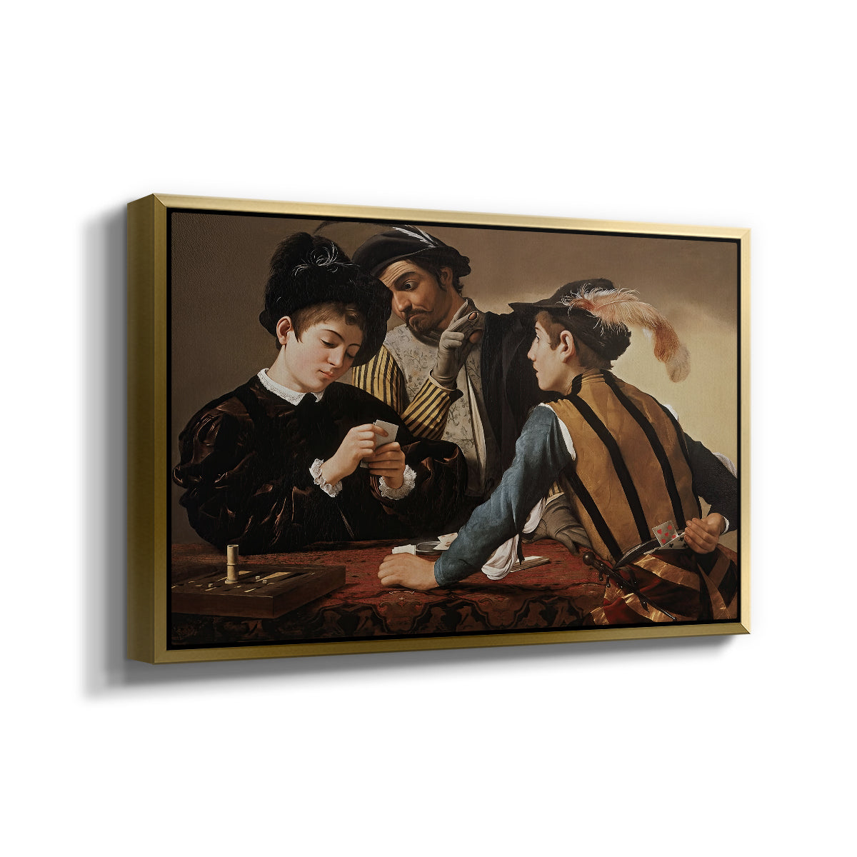 Angled view of The Cardsharps, c. 1594 by Caravaggio in a gold floater framed canvas.