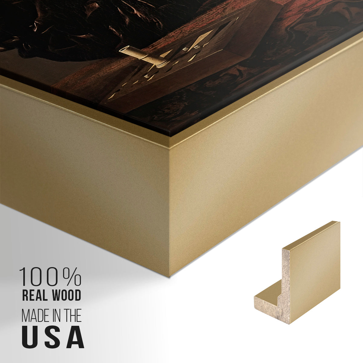 Close-up of the gold floater frame corner and gallery wrapped canvas construction.