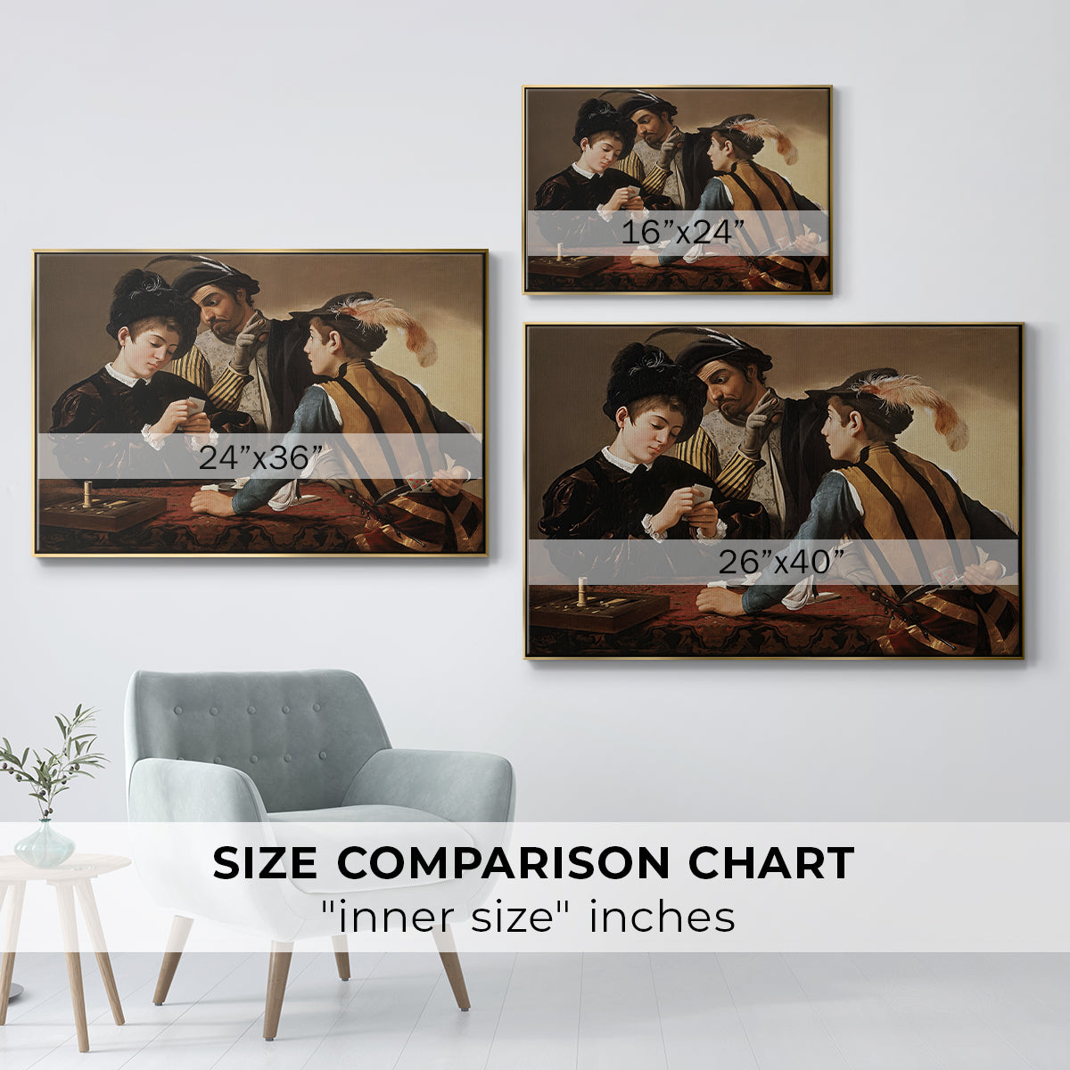 Size comparison chart for gold floater framed canvas featuring The Cardsharps, c. 1594 by Caravaggio.
