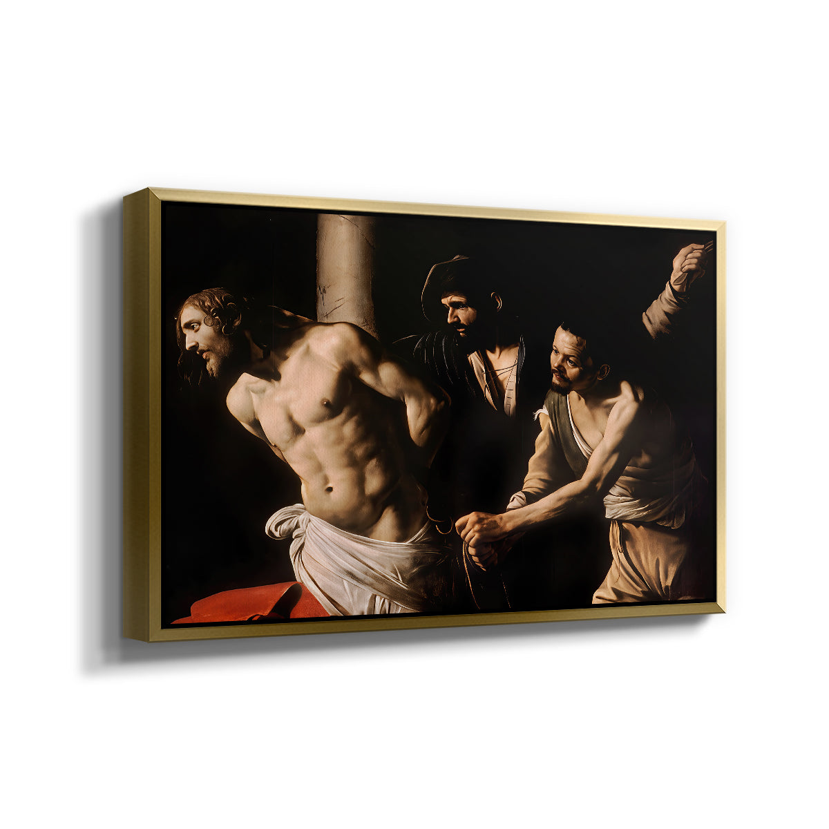 Angled view of The Flagellation of Christ at the Column (Rouen Version), 1606 by Caravaggio in a gold floater framed canvas.