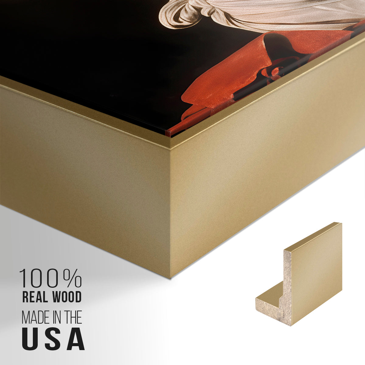 Close-up of the gold floater frame corner and gallery wrapped canvas construction.