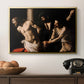 The Flagellation of Christ at the Column (Rouen Version), 1606 by Caravaggio in a gold floater framed canvas displayed above a console table in a hallway, featuring an intense Baroque scene of suffering with strong light and shadow.