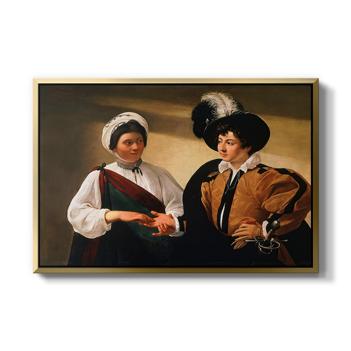 The Fortune Teller (Louvre Version), c. 1595 by Caravaggio in a gold floater framed canvas wall art display.