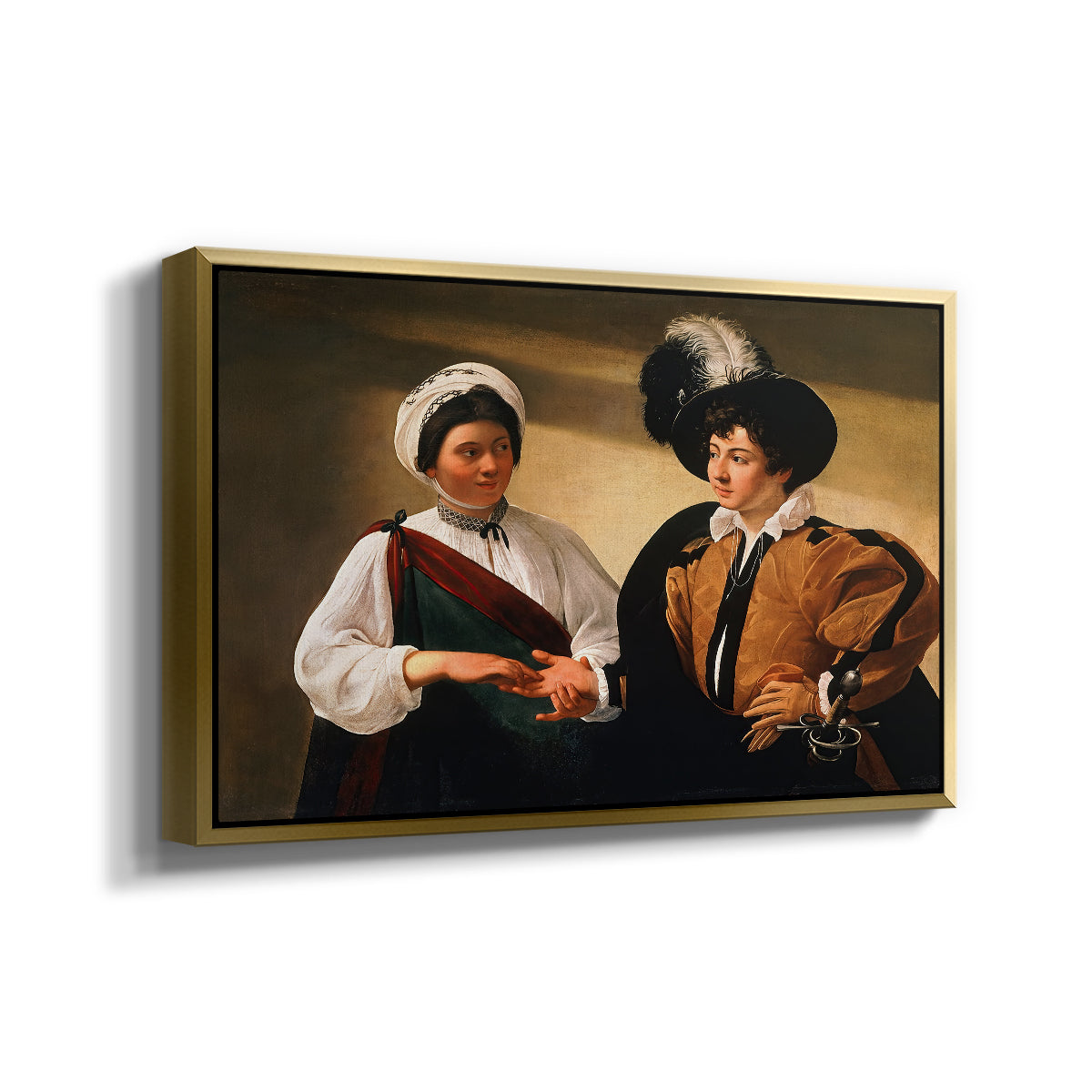 Angled view of The Fortune Teller (Louvre Version), c. 1595 by Caravaggio in a gold floater framed canvas.