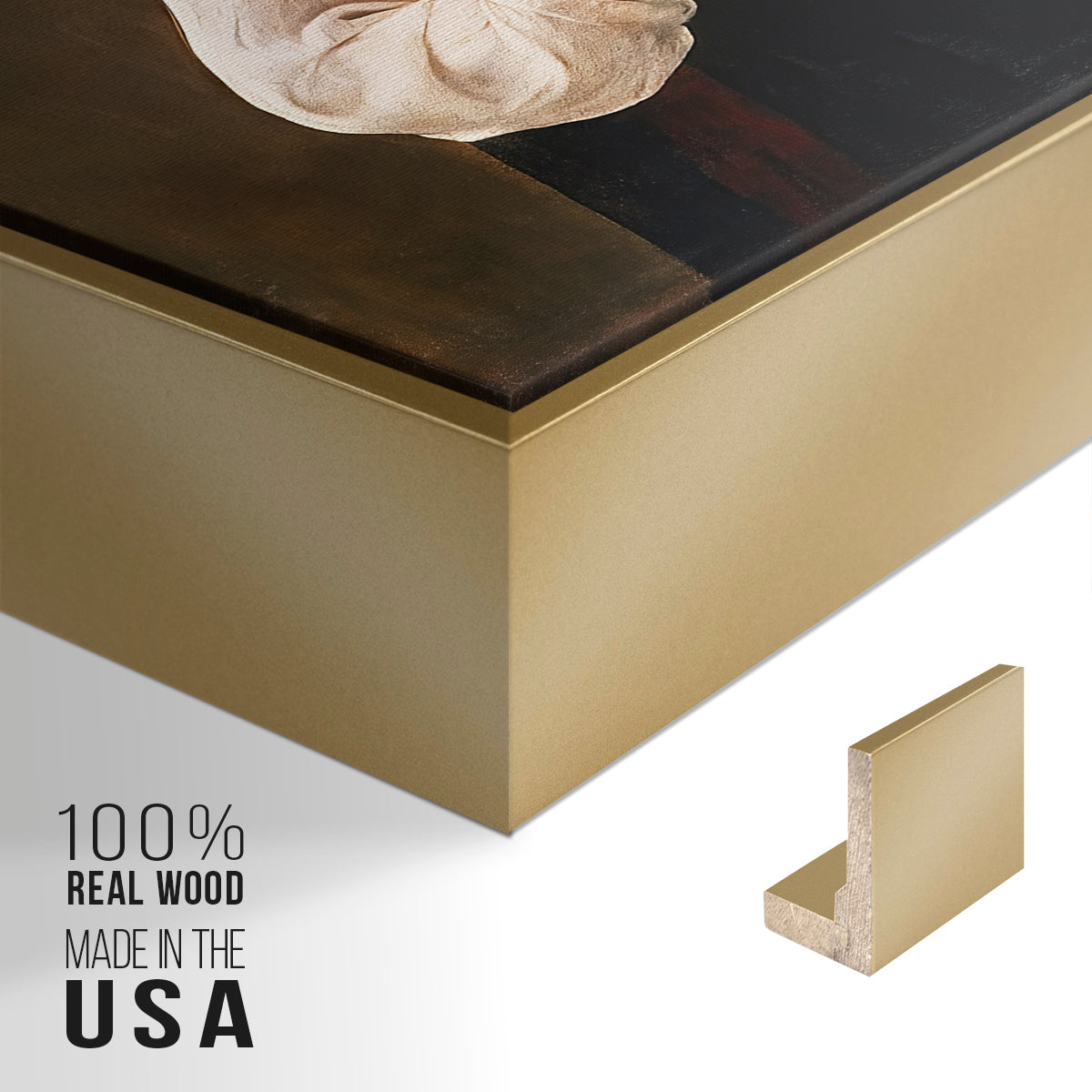 Close-up of the gold floater frame corner and gallery wrapped canvas construction.