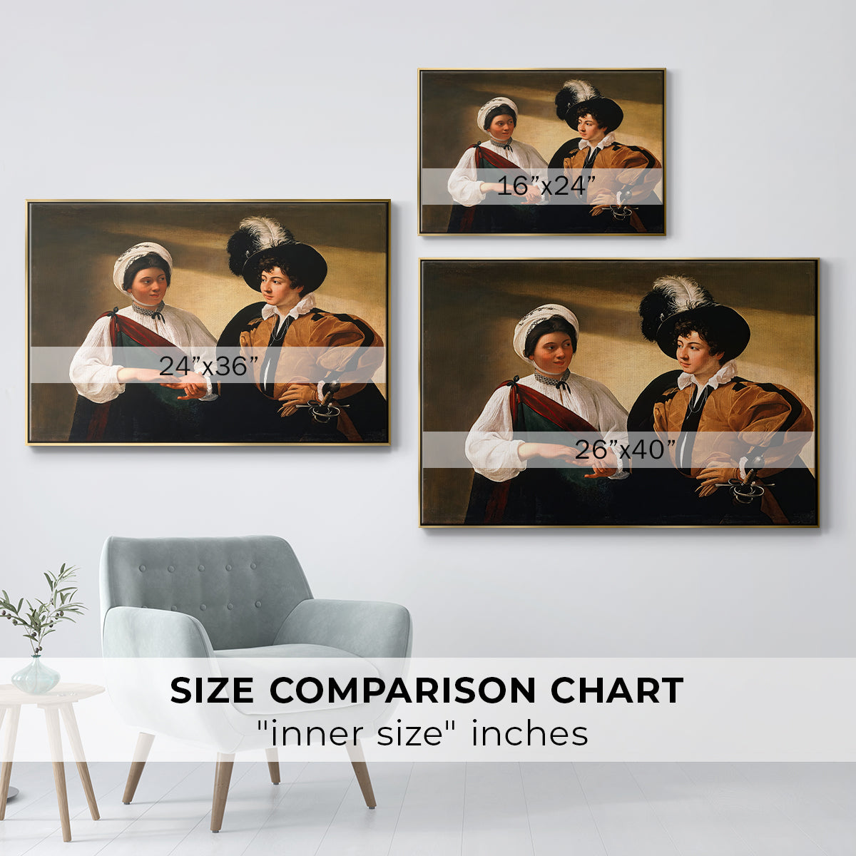 Size comparison chart for gold floater framed canvas featuring The Fortune Teller (Louvre Version), c. 1595 by Caravaggio.