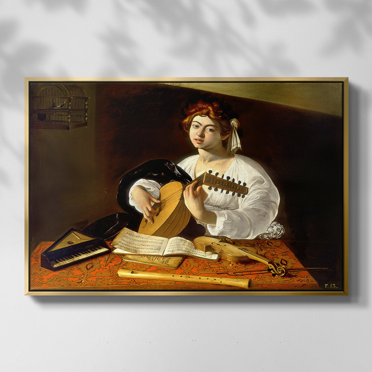 Front view of The Lute Player (Wildenstein Version), c. 1596 by Caravaggio in a gold floater framed canvas.
