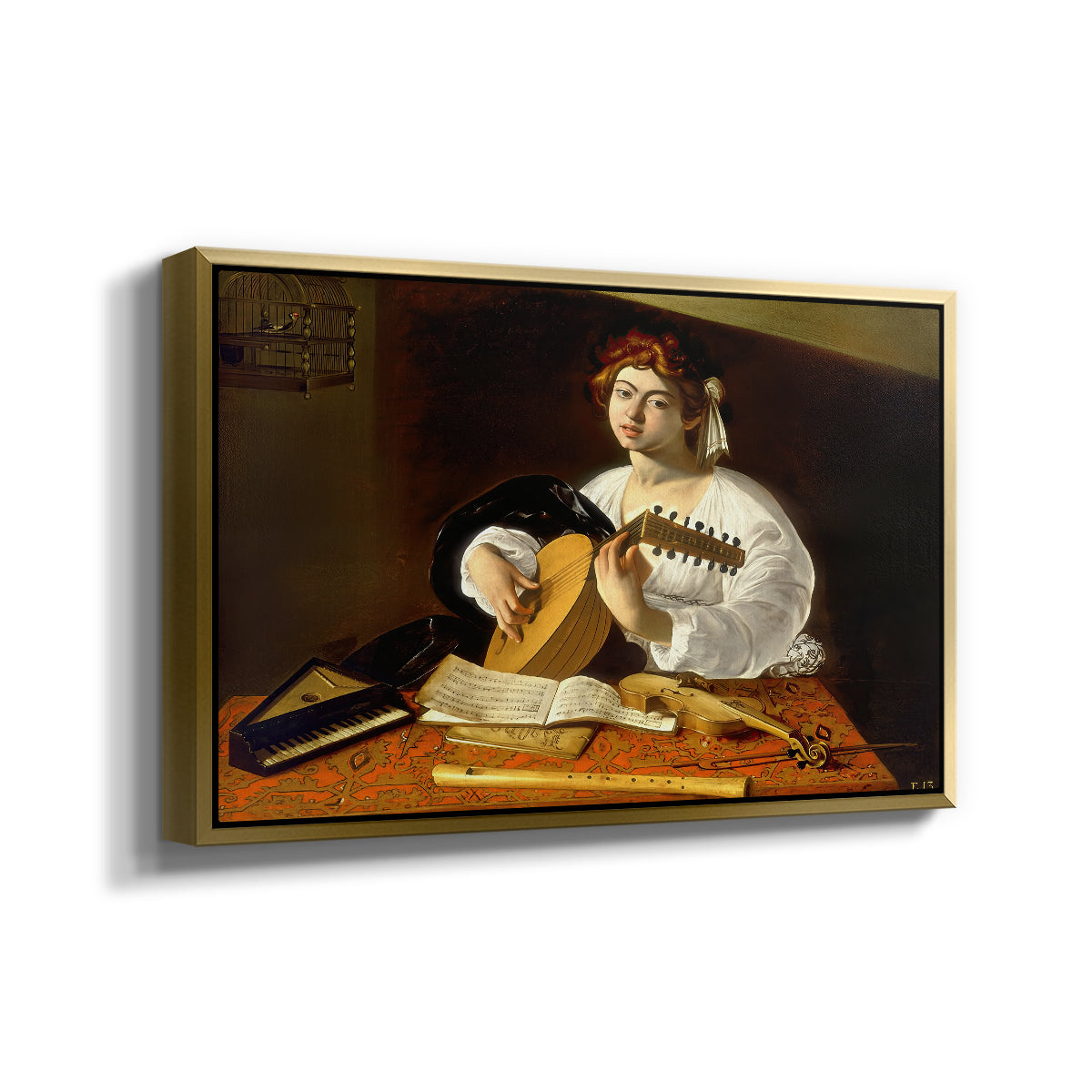 Angled view of The Lute Player (Wildenstein Version), c. 1596 by Caravaggio in a gold floater framed canvas.
