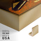 Close-up of the gold floater frame corner and gallery wrapped canvas construction.