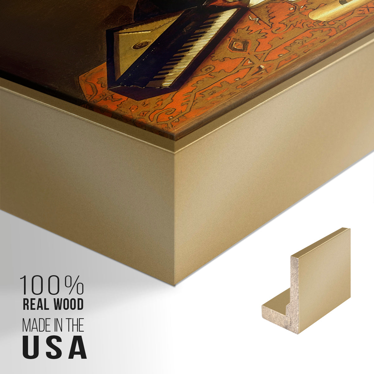 Close-up of the gold floater frame corner and gallery wrapped canvas construction.