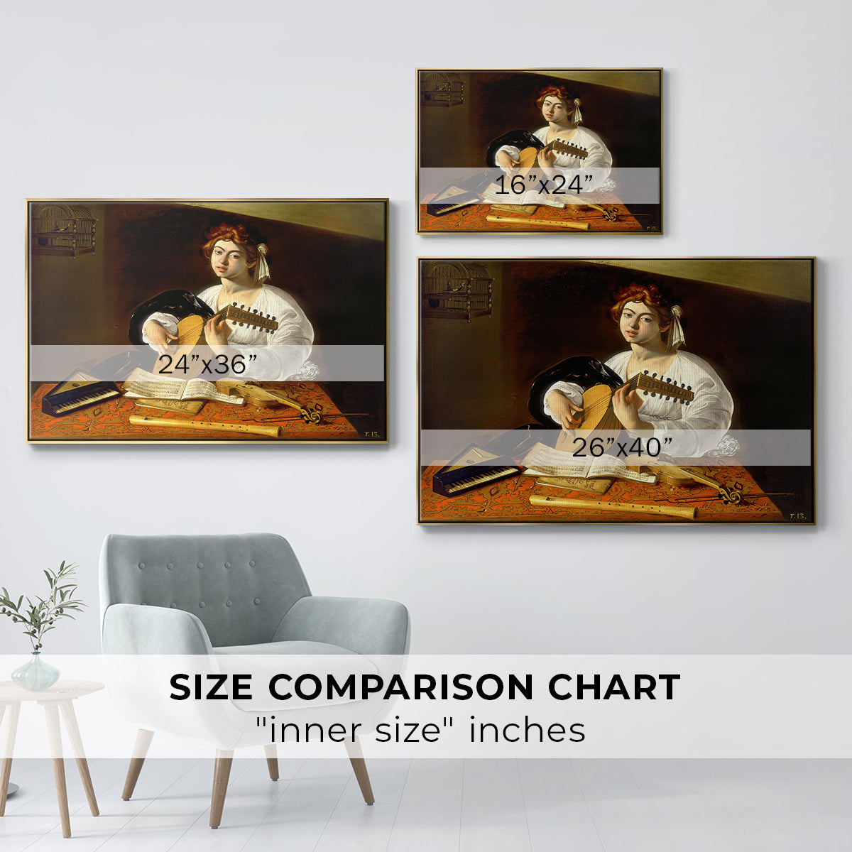 Size comparison chart for gold floater framed canvas featuring The Lute Player (Wildenstein Version), c. 1596 by Caravaggio.