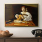 The Lute Player (Wildenstein Version), c. 1596 by Caravaggio in a gold floater framed canvas displayed above a console table in a hallway, featuring an intimate portrait of musician with still life elements.