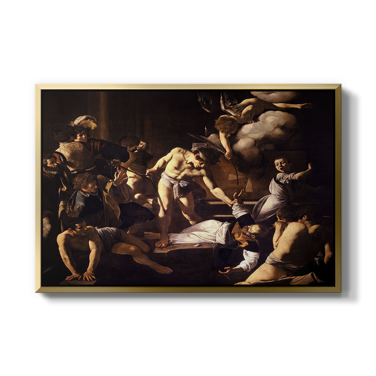 The Martyrdom of Saint Matthew, 1599-1600 by Caravaggio in a gold floater framed canvas wall art display.