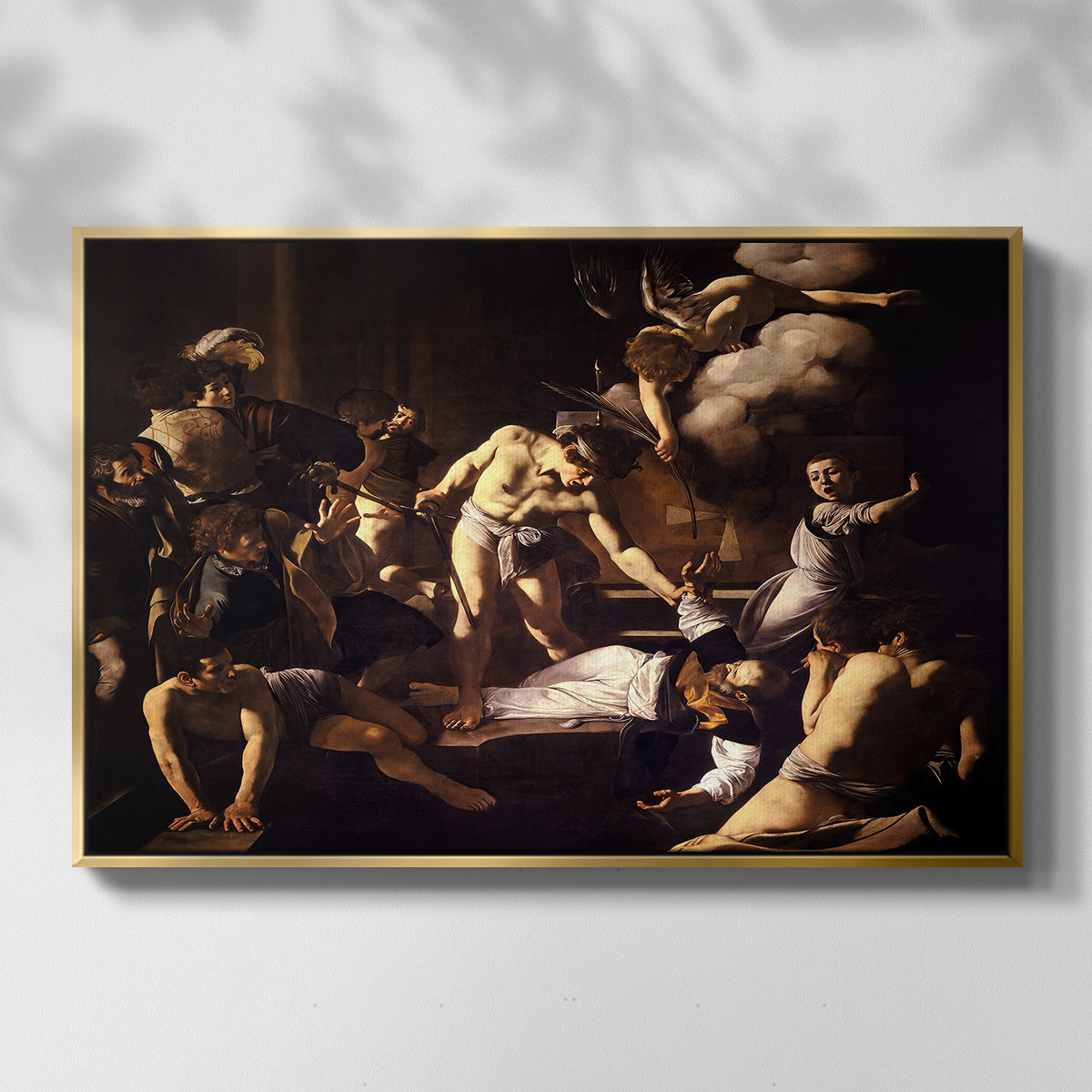 Front view of The Martyrdom of Saint Matthew, 1599-1600 by Caravaggio in a gold floater framed canvas.