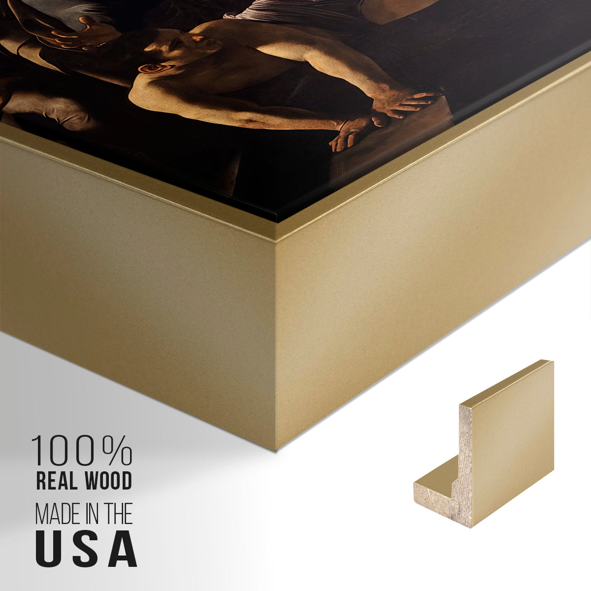 Close-up of the gold floater frame corner and gallery wrapped canvas construction.