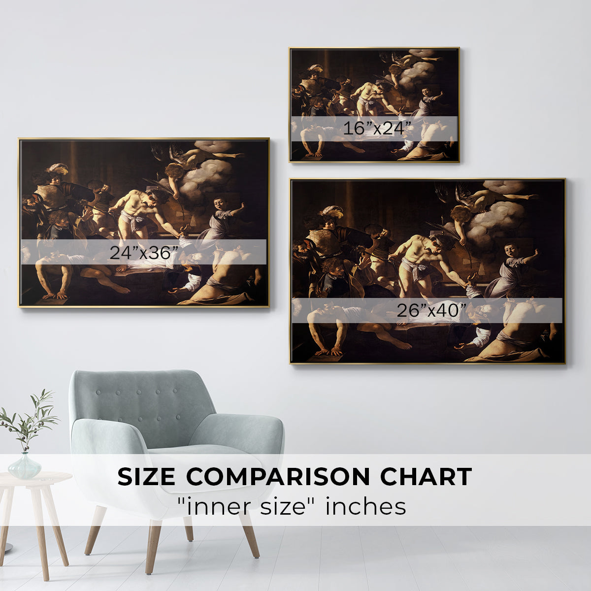 Size comparison chart for gold floater framed canvas featuring The Martyrdom of Saint Matthew, 1599-1600 by Caravaggio.