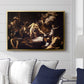 The Martyrdom of Saint Matthew, 1599-1600 by Caravaggio displayed above a sofa in a living room in a gold floater frame, featuring a dramatic moment of martyrdom with figures reacting in panic.