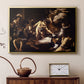 Gold floater framed canvas featuring a religious narrative showing violent attack on saint in crowded setting, displayed above a cabinet in a soft-toned living room.