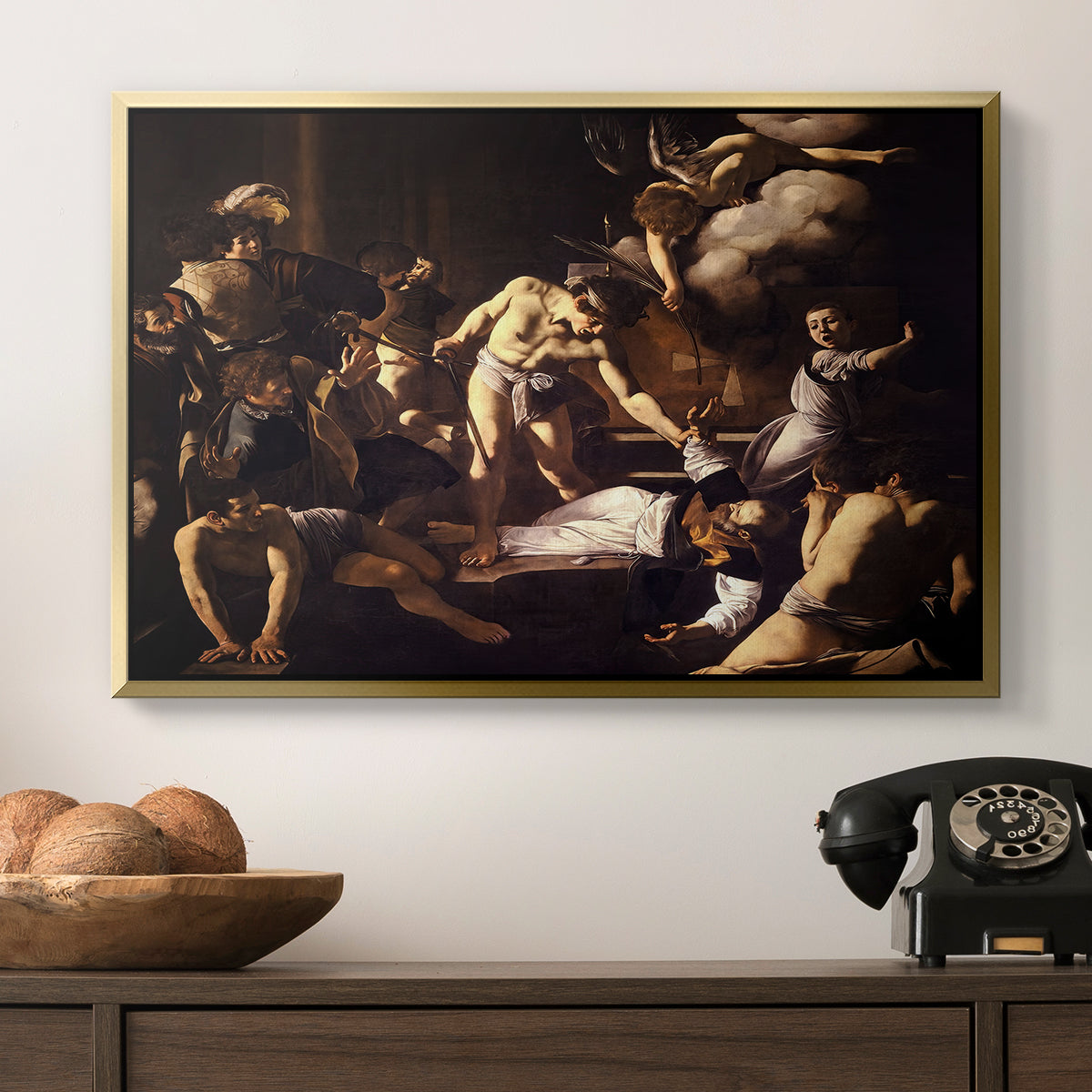 The Martyrdom of Saint Matthew, 1599-1600 by Caravaggio in a gold floater framed canvas displayed above a console table in a hallway, featuring a Baroque composition of movement and emotion during martyrdom.