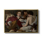 The Musicians, c. 1595 by Caravaggio in a gold floater framed canvas wall art display.
