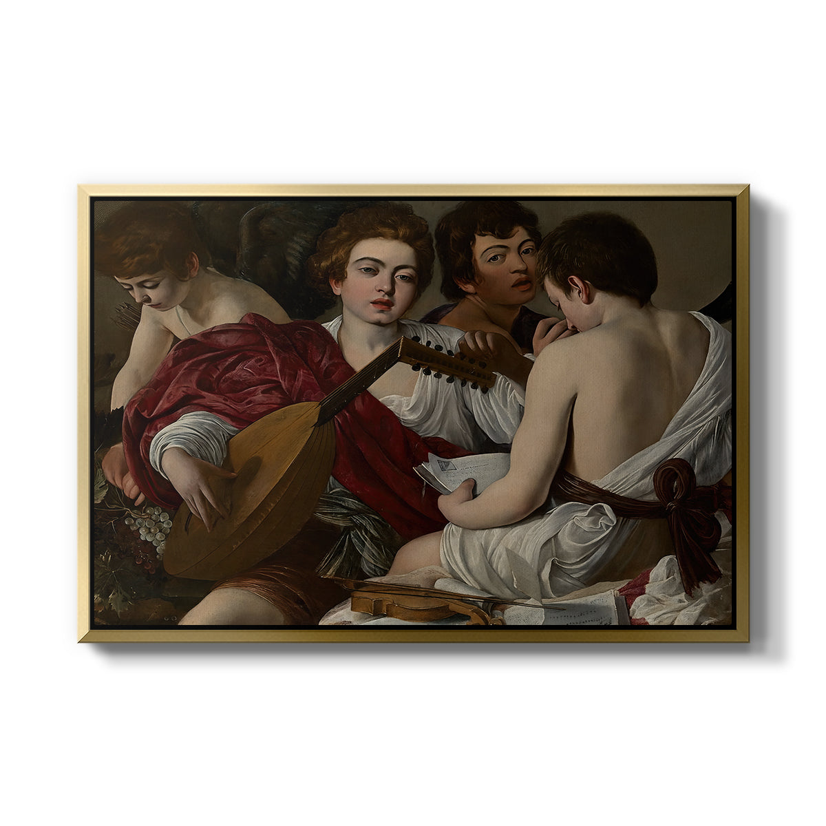 The Musicians, c. 1595 by Caravaggio in a gold floater framed canvas wall art display.