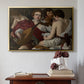 Gold floater framed canvas featuring The Musicians, c. 1595 by Caravaggio above an entryway table in a minimalist foyer.