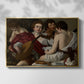 Front view of The Musicians, c. 1595 by Caravaggio in a gold floater framed canvas.