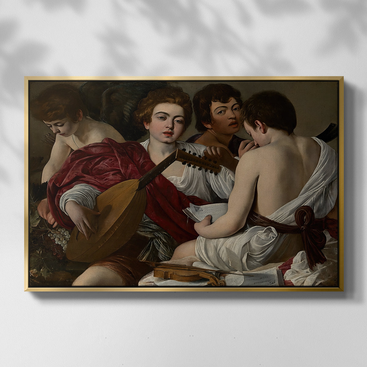 Front view of The Musicians, c. 1595 by Caravaggio in a gold floater framed canvas.